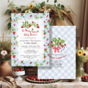 Strawberry So Berry Sweet Blue Gingham Boy Shower Invitation