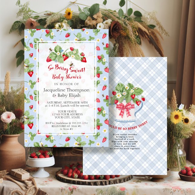 Strawberry So Berry Sweet Blue Gingham Boy Shower Invitation (Creator Uploaded)