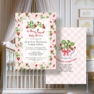 Strawberry So Berry Sweet Pink Gingham Girl Shower Invitation