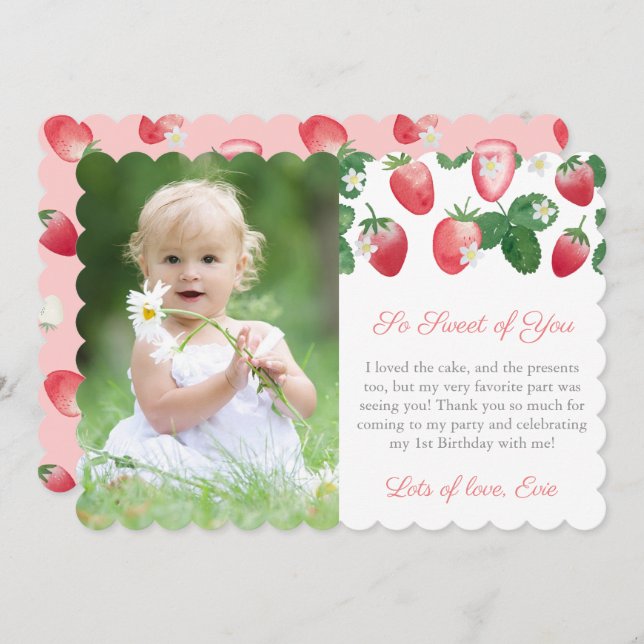 Strawberry So Sweet Of You Girl Birthday Picture Thank You Card (Front/Back)