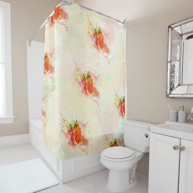 Strawberry Splash! Watercolor Shower Curtain (In Situ)