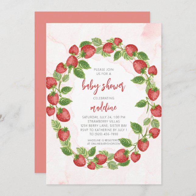 Strawberry Strawberries Wreath Baby Shower  Invitation (Front/Back)