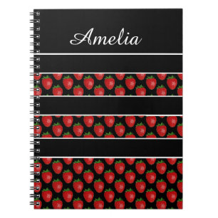 Strawberry Stripes Black Personalised Notebook