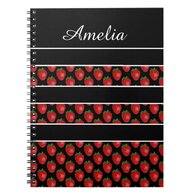 Strawberry Stripes Black Personalised Notebook (Front)