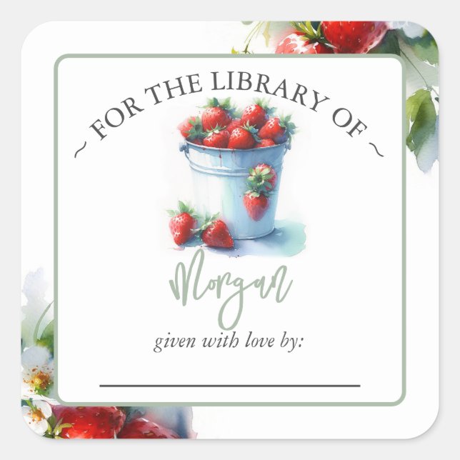 Strawberry Summer Baby Shower Bookplate Square Sticker (Front)