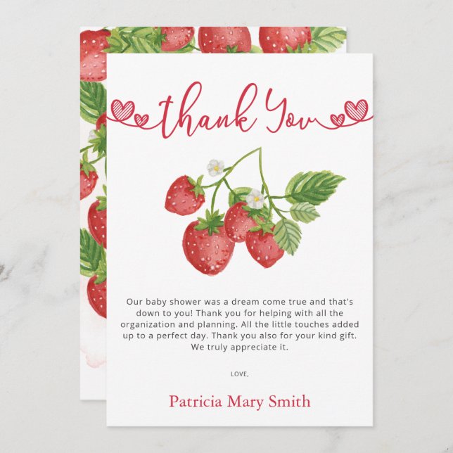 Strawberry Summer Berry Sweet Baby Shower  Thank You Card (Front/Back)