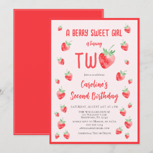 Strawberry Summer Berry Sweet Second Girl Birthday Invitation