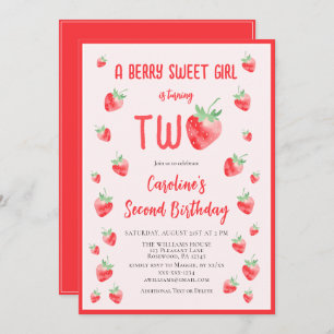 Strawberry Summer Berry Sweet Second Girl Birthday Invitation