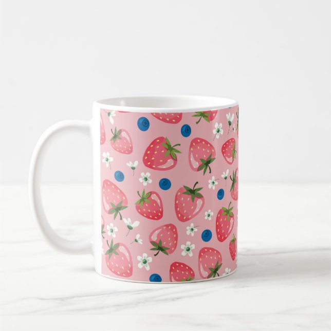 Strawberry summer, cartoon girly background. coffee mug (Left)