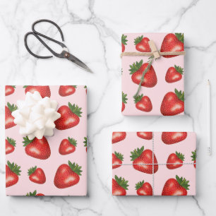 Strawberry Summer Fruit Pattern On Pink Wrapping Paper Sheet