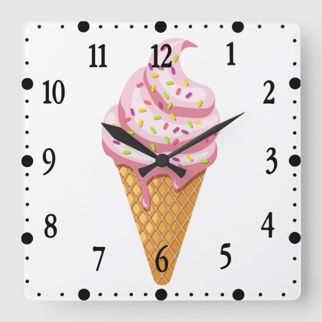 Strawberry sundae in waffle cone with topping square wall clock (Front)