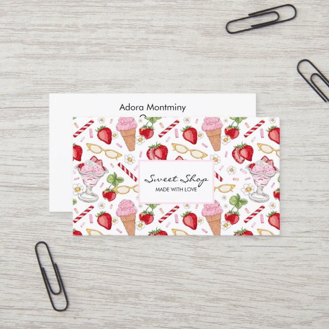 Strawberry Sundae Pattern  Business Card (Front/Back In Situ)