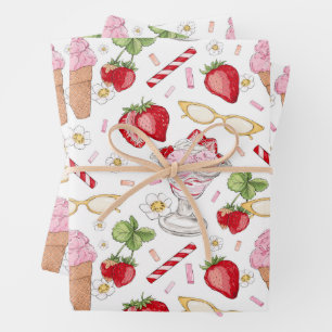 Strawberry Sundae Pattern Wrapping Paper Sheet