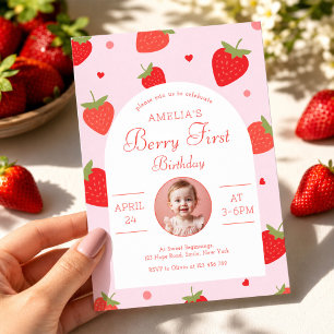 Strawberry Sweet Berry First Birthday Party Photo Invitation
