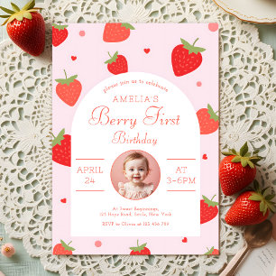 Strawberry Sweet Berry First Birthday Party Photo Invitation