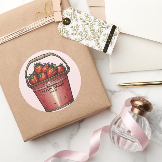 Strawberry Sweet Bucket Baby Shower Classic Round Sticker (Gifting)
