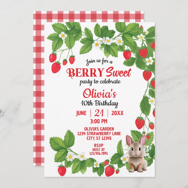 Strawberry Sweet Bunny Birthday (Red & White) Invitation (Front/Back)