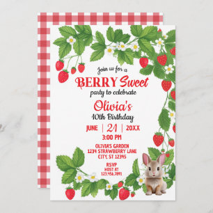 Strawberry Sweet Bunny Birthday (Red & White) Invitation