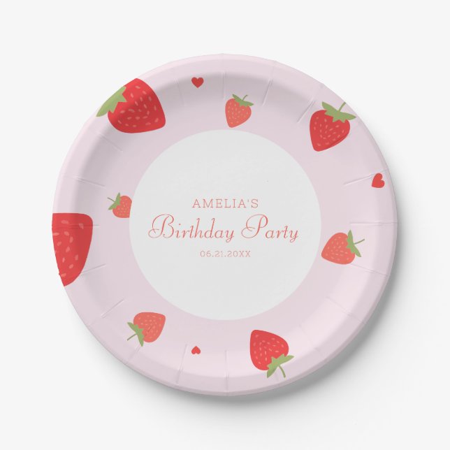 Strawberry Sweet Girly Birthday Party Paper Plate (Front)