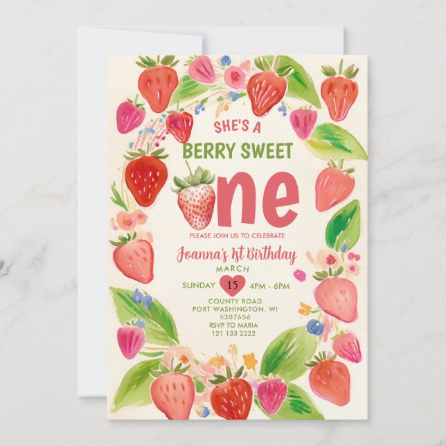 Strawberry Sweet One Berry 1st Birthday  Invitation (Front)