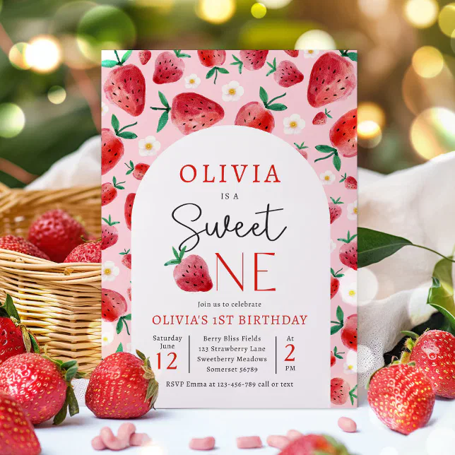 Strawberry Sweet One Berry 1st Birthday Party Invitation | Zazzle