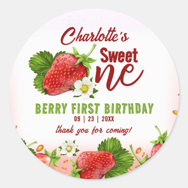 Strawberry Sweet ONE First Birthday Party Classic Round Sticker (Front)