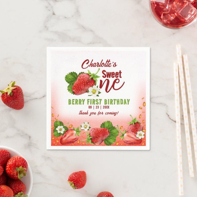Strawberry Sweet ONE First Birthday Party Napkin (Insitu)