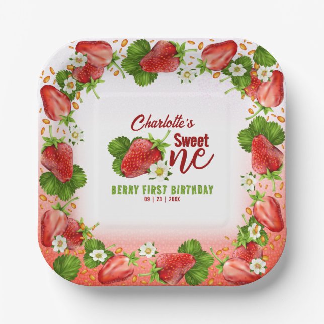 Strawberry Sweet ONE First Birthday Party Paper Plate (Front)