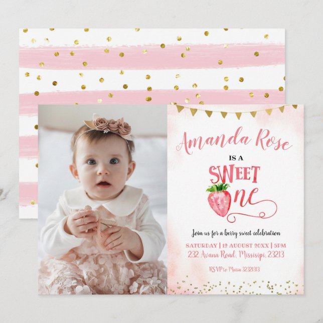 Strawberry Sweet One First Birthday with photo Invitation (Front/Back)