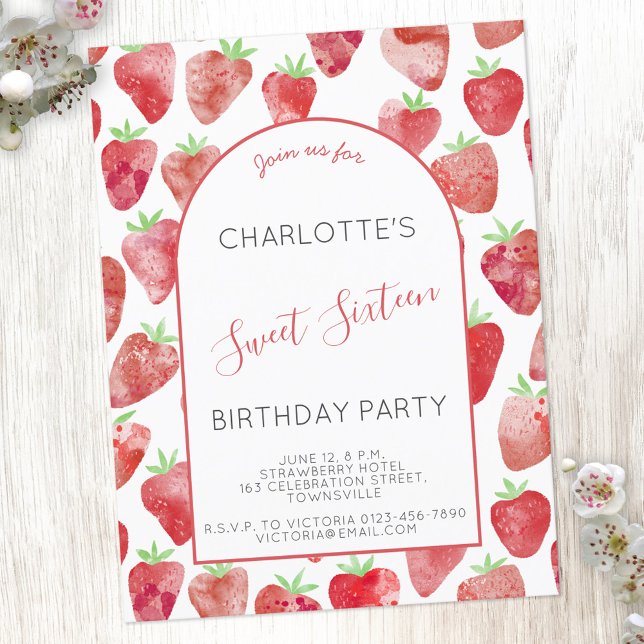 Strawberry Sweet Sixteen Birthday Party Invitation Postcard (Creator Uploaded)