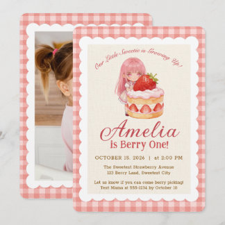Strawberry Sweet Watercolor Girl 1st Bday Photo Card