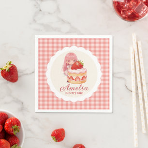 Strawberry Sweet Watercolor Girl 1st Birthday Napkin