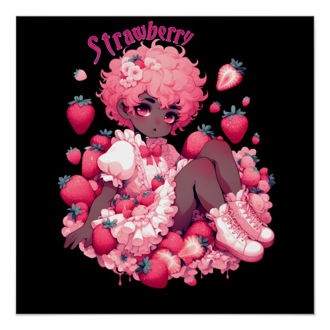 Strawberry Sweetheart: Dark Skin Femboy glossy Poster (Front)