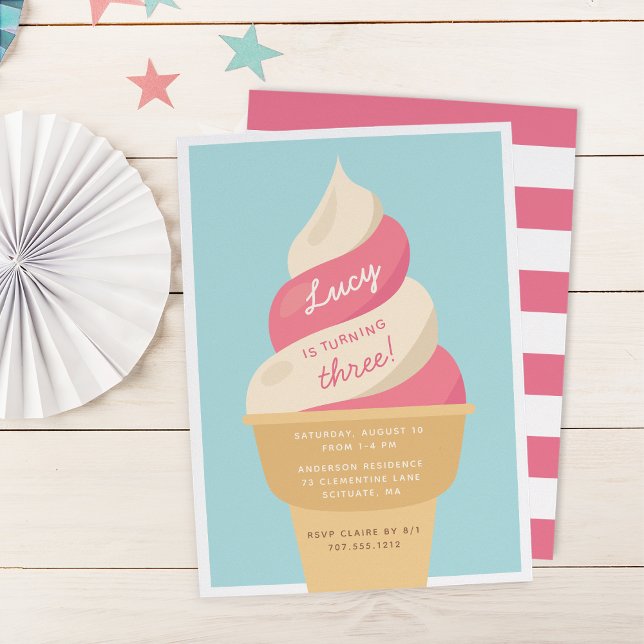 Strawberry Swirl Ice Cream Kids Birthday Party Invitation (Creator Uploaded)