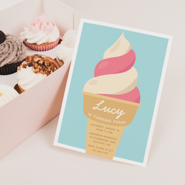 Strawberry Swirl Ice Cream Kids Birthday Party Invitation (Creator Uploaded)