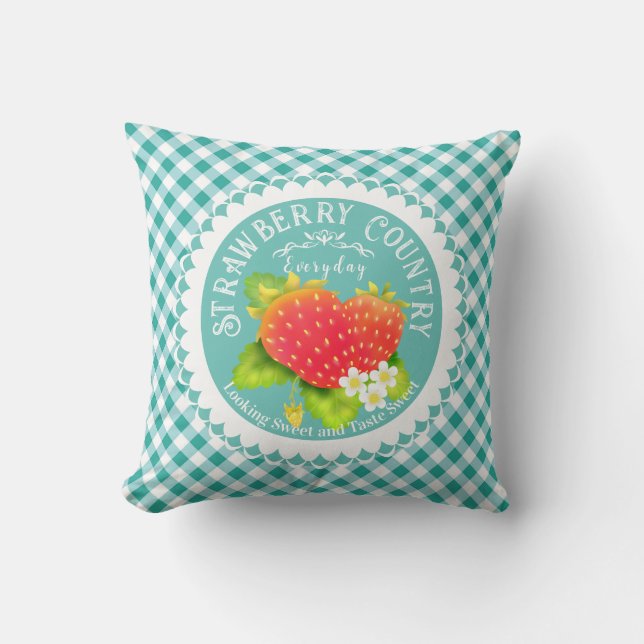 Strawberry Teal Gingham Throw Pillow (Front)
