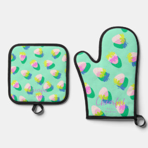 Strawberry Teal Oven Mitt & Pot Holder Set