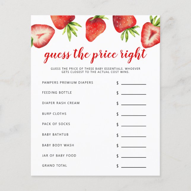 Strawberry The Price Right Baby Shower Game (Front)
