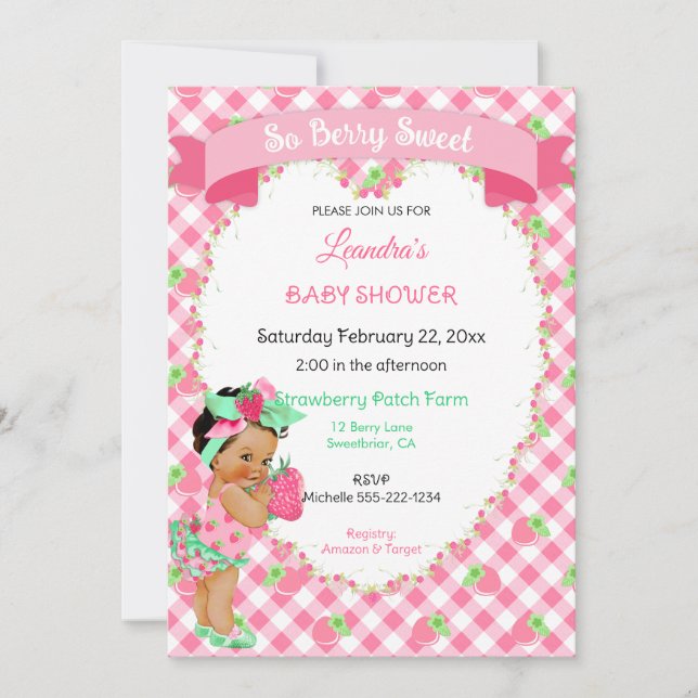 Strawberry Theme Baby Girl Gingham Pink Mint  Invitation (Front)