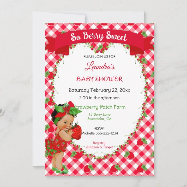 Strawberry Theme Baby Girl Gingham Red Green  Invitation (Front)