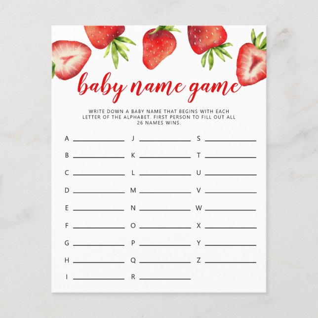 Strawberry Theme Baby Name Shower Game (Front)