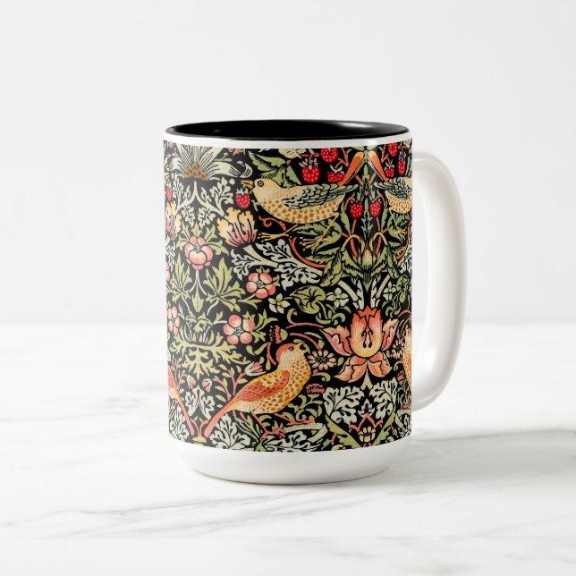 Strawberry Thief Black background William Morris Two-Tone Coffee Mug (Front Right)