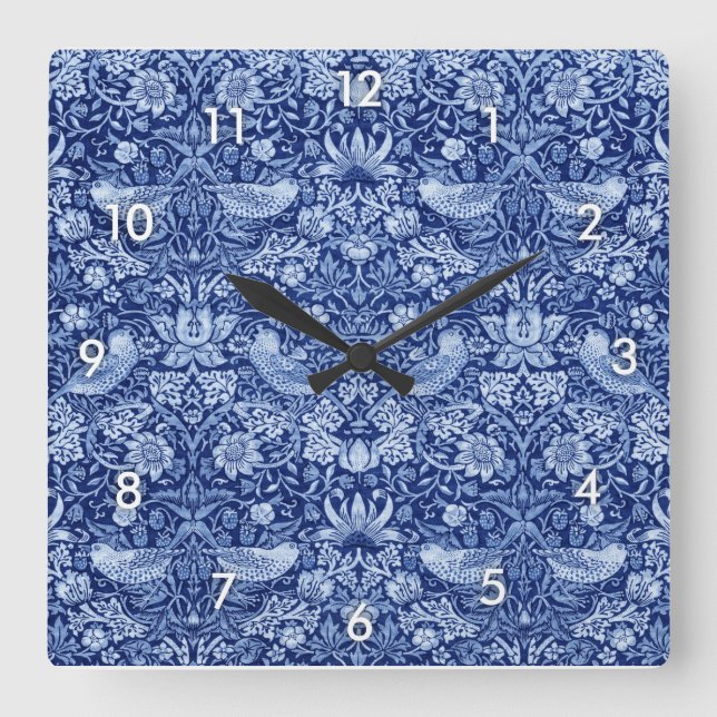 Strawberry Thief Blue Monotone, William Morris Square Wall Clock (Front)