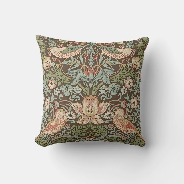 Strawberry Thief by William Morris Chocolate Cushion (Front)
