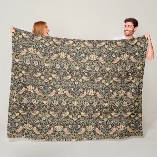 Strawberry Thief by William Morris Chocolate Fleece Blanket (In Situ)