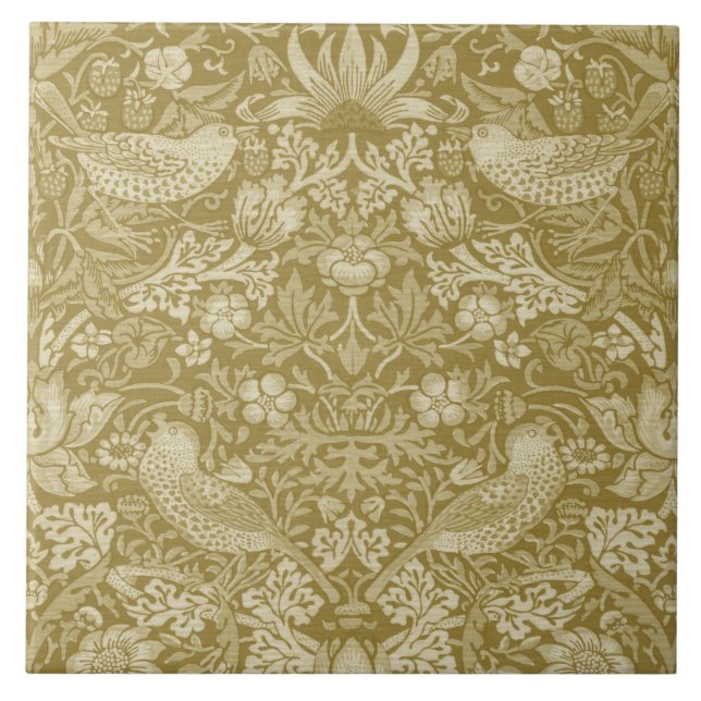 Strawberry Thief Gold, William Morris Ceramic Tile (Front)
