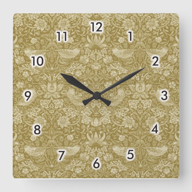 Strawberry Thief Gold, William Morris Square Wall Clock (Front)