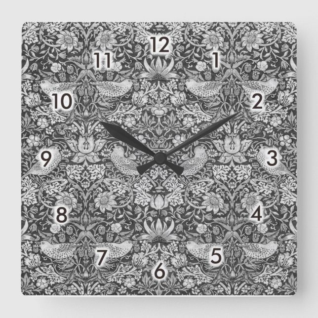 Strawberry Thief Gray, William Morris Square Wall Clock (Front)