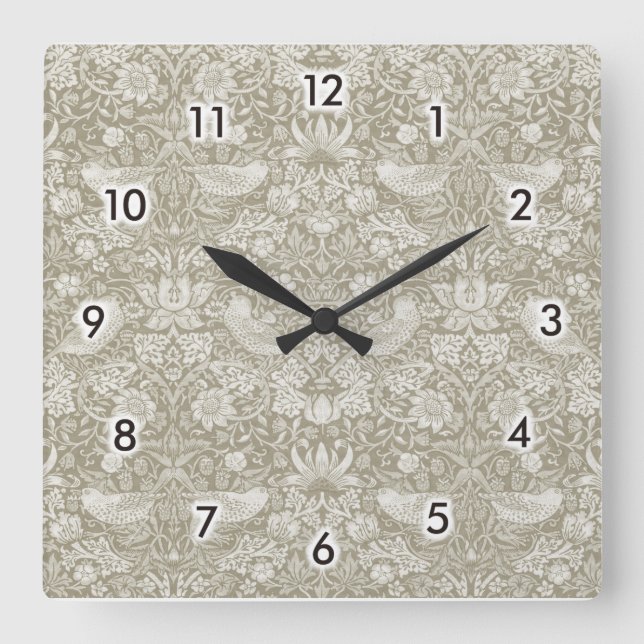Strawberry Thief Ivory, William Morris Square Wall Clock (Front)