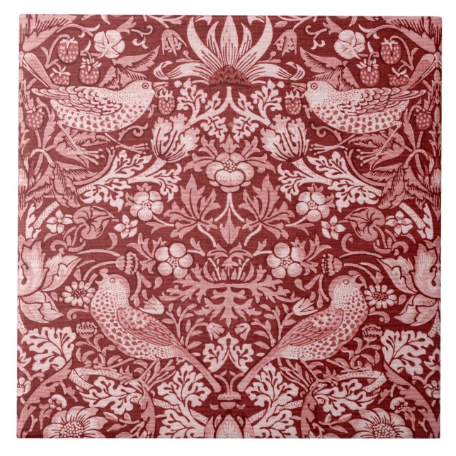 Strawberry Thief Maroon, William Morris Ceramic Tile (Front)